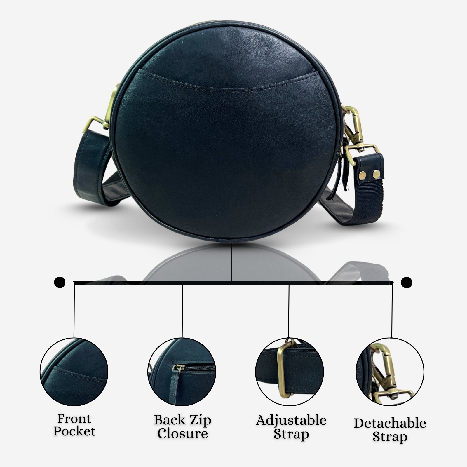 Madosh Stylish Round Crossbody Bag for Women – Small Circular Genuine Leather Purse with Adjustable Strap Black Side Shoulder Fashion Handbag